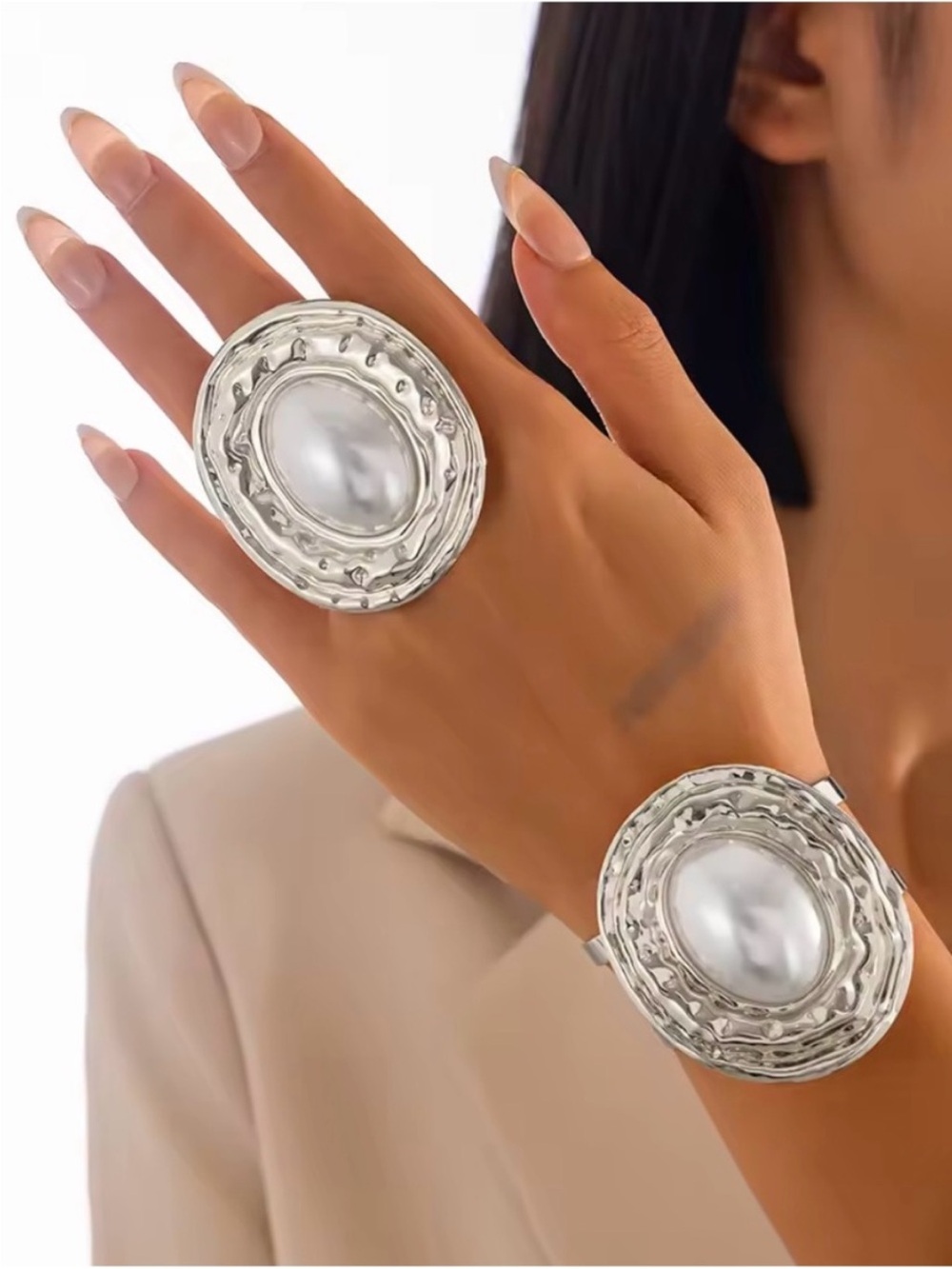 New! Elegant Estate Silver Oversized Baroque Pearl Statement Ring and Bracelet